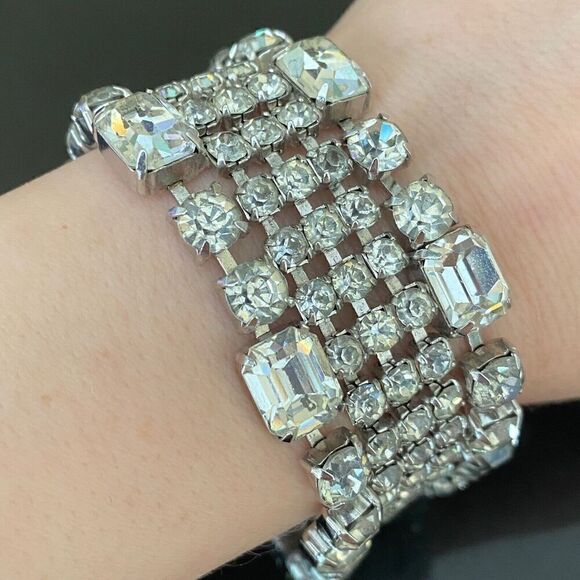 Weiss Signed Vintage Rhinestone Wide Five Row Statement Bracelet W/ Safety Chain